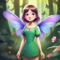 A girl with insect-like features, including delicate wings and antennae, dressed in a stylish yet fantastical outfit