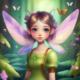 A girl with insect-like features, including delicate wings and antennae, dressed in a stylish yet fantastical outfit