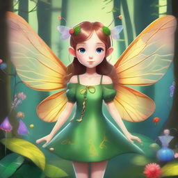 A girl with insect-like features, including delicate wings and antennae, dressed in a stylish yet fantastical outfit