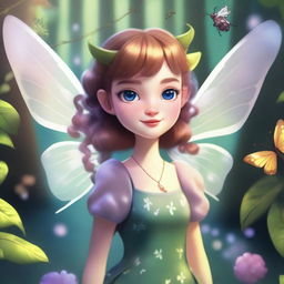 A girl with insect-like features, including delicate wings and antennae, dressed in a stylish yet fantastical outfit