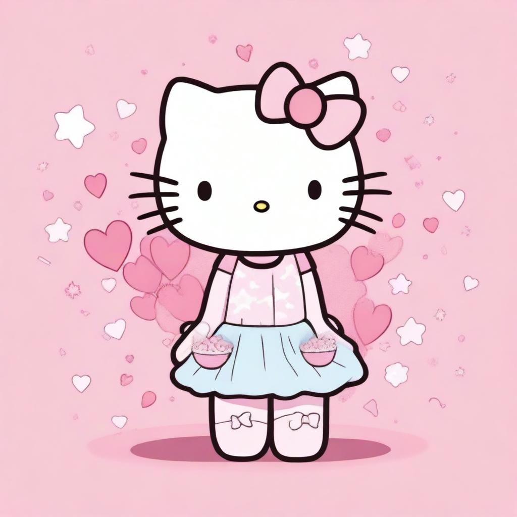 A cute and pastel Hello Kitty character on a pink background