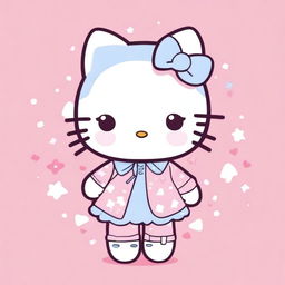 A cute and pastel Hello Kitty character on a pink background