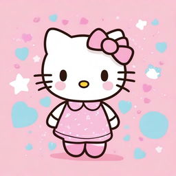 A cute and pastel Hello Kitty character on a pink background