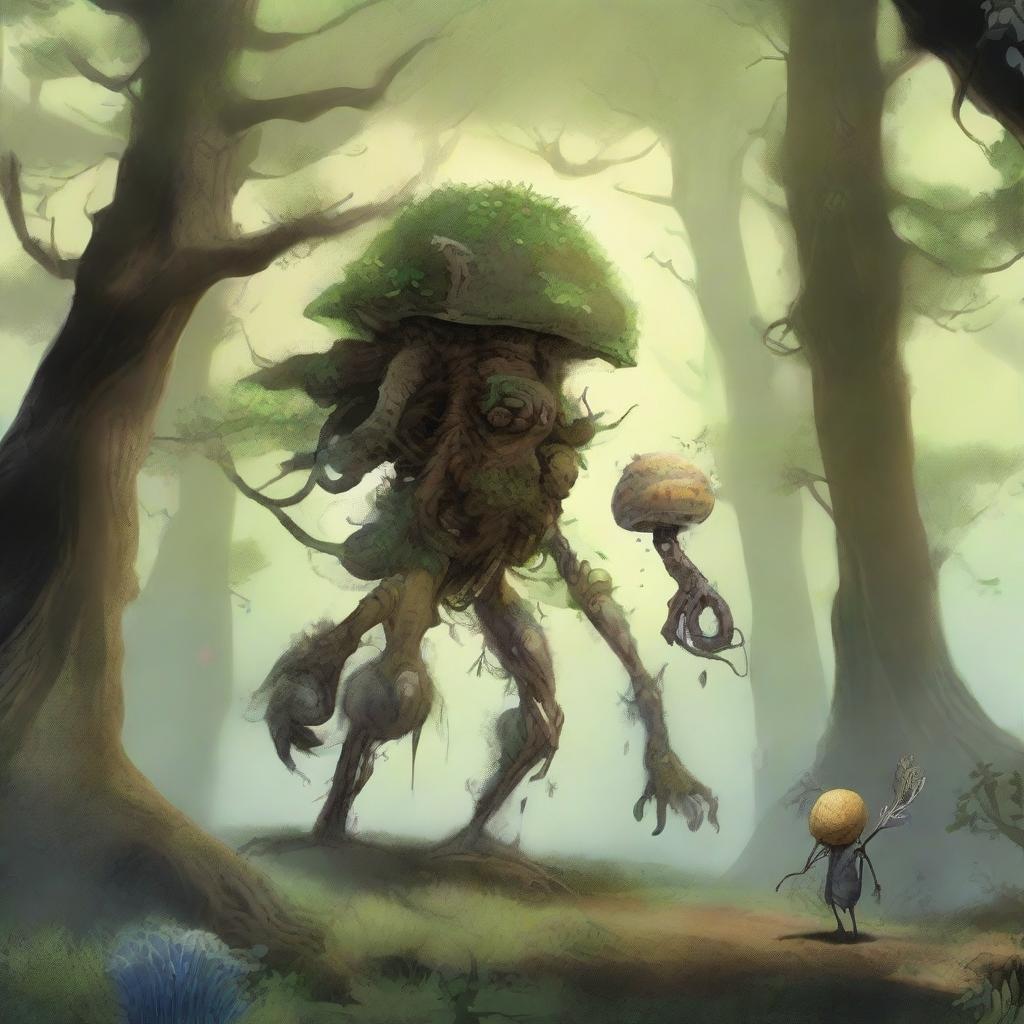 A scene depicting Gol, a member of a kindred with a symbiotic relationship with Myconid colonies