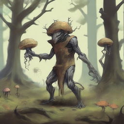 A scene depicting Gol, a member of a kindred with a symbiotic relationship with Myconid colonies