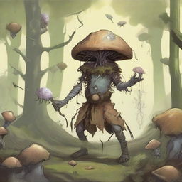 A scene depicting Gol, a member of a kindred with a symbiotic relationship with Myconid colonies