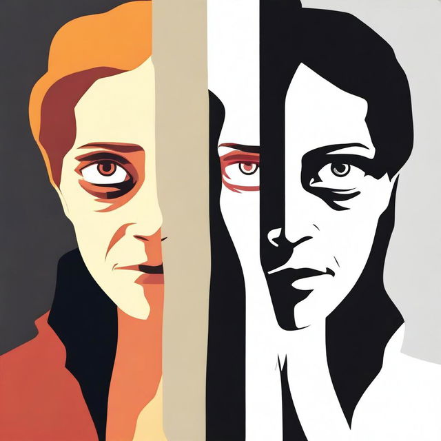 A depiction of dual personalities, showing a character split into two halves with contrasting expressions and colors