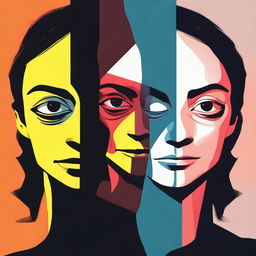 A depiction of dual personalities, showing a character split into two halves with contrasting expressions and colors