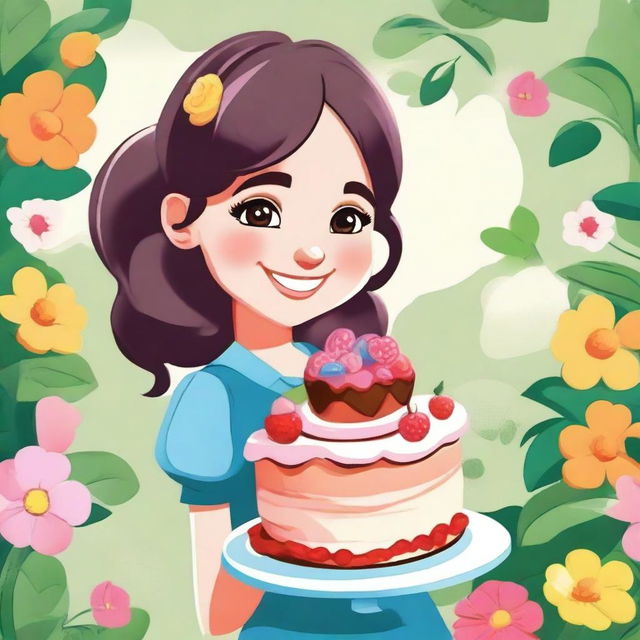 A cartoon illustration of a pretty girl with long pigtails and side bangs, smiling while holding a big, beautiful cake