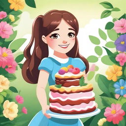 A cartoon illustration of a pretty girl with long pigtails and side bangs, smiling while holding a big, beautiful cake