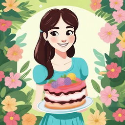 A cartoon illustration of a pretty girl with long pigtails and side bangs, smiling while holding a big, beautiful cake