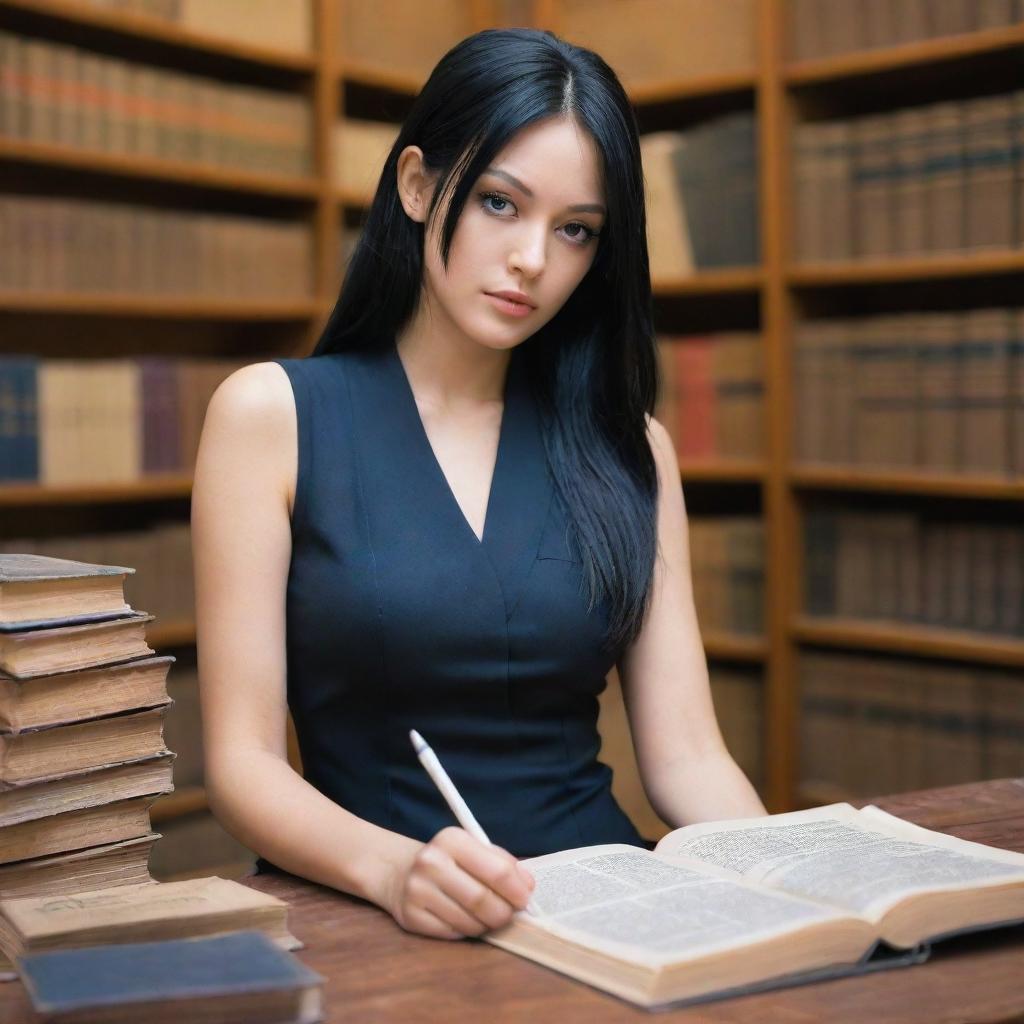 A real life version of Nico Robin from One Piece, a scholarly woman with dark, stylish hair, engrossed in research amidst dusty books and ancient artifacts in a quiet, modern library.