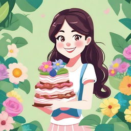 A cartoon illustration of a pretty girl with long pigtails and side bangs, smiling while holding a big, beautiful cake