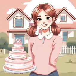 A cartoon illustration of a very pretty girl with long, pretty pigtails and side bangs in her hair, wearing a long-sleeved shirt