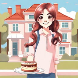 A cartoon illustration of a very pretty girl with long, pretty pigtails and side bangs in her hair, wearing a long-sleeved shirt