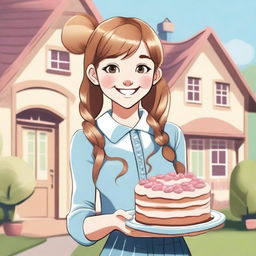 A cartoon illustration of a very pretty girl with long, pretty pigtails and side bangs in her hair, wearing a long-sleeved shirt