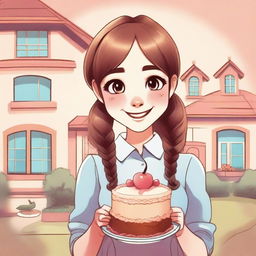 A cartoon illustration of a very pretty girl with long, pretty pigtails and side bangs in her hair, wearing a long-sleeved shirt