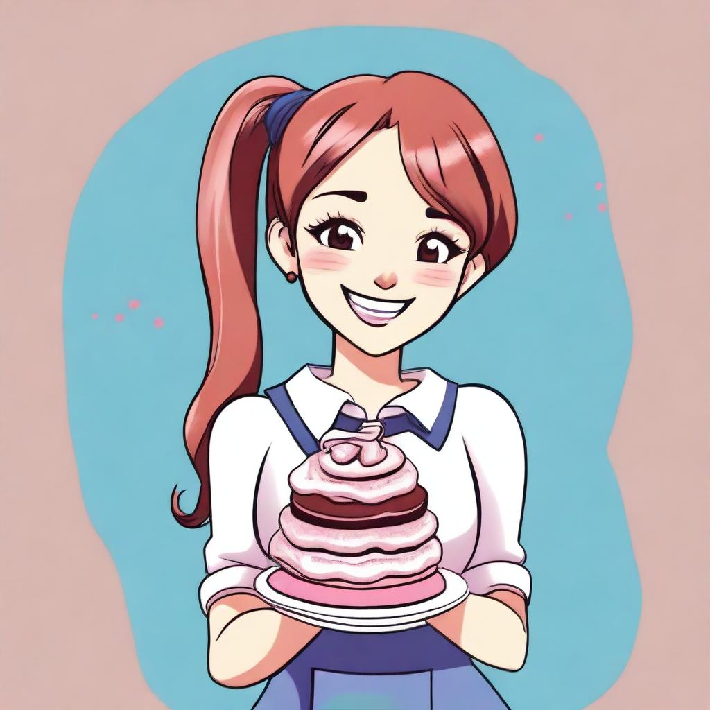 A cartoon illustration of a very pretty girl with long pigtails and side bangs in her hair, wearing a long-sleeved shirt