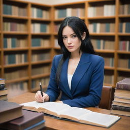 A real life version of Nico Robin from One Piece, a scholarly woman with dark, stylish hair, engrossed in research amidst dusty books and ancient artifacts in a quiet, modern library.