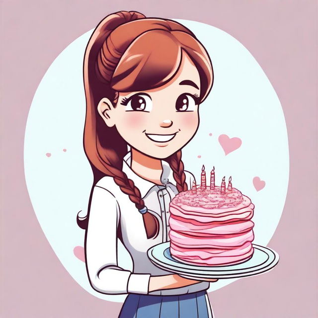 A cartoon illustration of a very pretty girl with long pigtails and side bangs in her hair, wearing a long-sleeved shirt