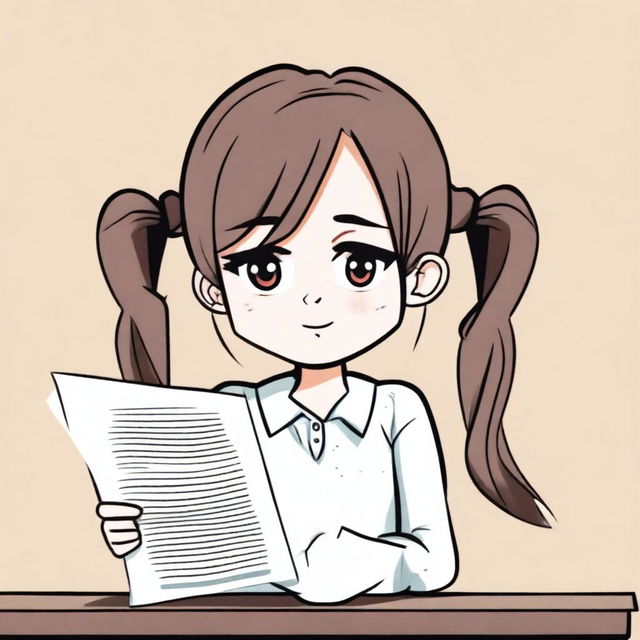 A cartoon illustration of a very pretty girl with long pigtails and side bangs in her hair, wearing a long-sleeved shirt