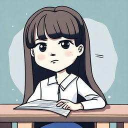 A cartoon illustration of a very pretty girl with long pigtails and side bangs in her hair, wearing a long-sleeved shirt