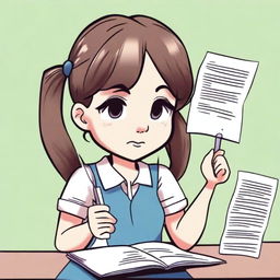 A cartoon illustration of a very pretty girl with long pigtails and side bangs in her hair, wearing a long-sleeved shirt