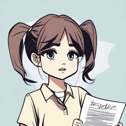 A cartoon illustration of a very pretty girl with long pigtails and side bangs in her hair, wearing a long-sleeved shirt