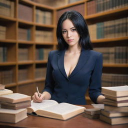 A real life version of Nico Robin from One Piece, a scholarly woman with dark, stylish hair, engrossed in research amidst dusty books and ancient artifacts in a quiet, modern library.