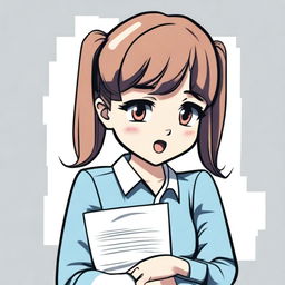 A cartoon illustration of a very pretty girl with long pigtails and side bangs in her hair, wearing a long-sleeved shirt