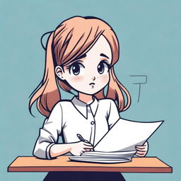 A cartoon illustration of a very pretty girl with long pigtails and side bangs in her hair, wearing a long-sleeved shirt