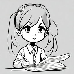 A cartoon illustration of a very pretty girl with long pigtails and side bangs in her hair, wearing a long-sleeved shirt