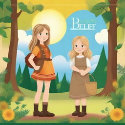 Create an image featuring a poster with the words 'belief' and an image of a four-year-old girl with straw blond hair, dressed in peasant woodsman clothes