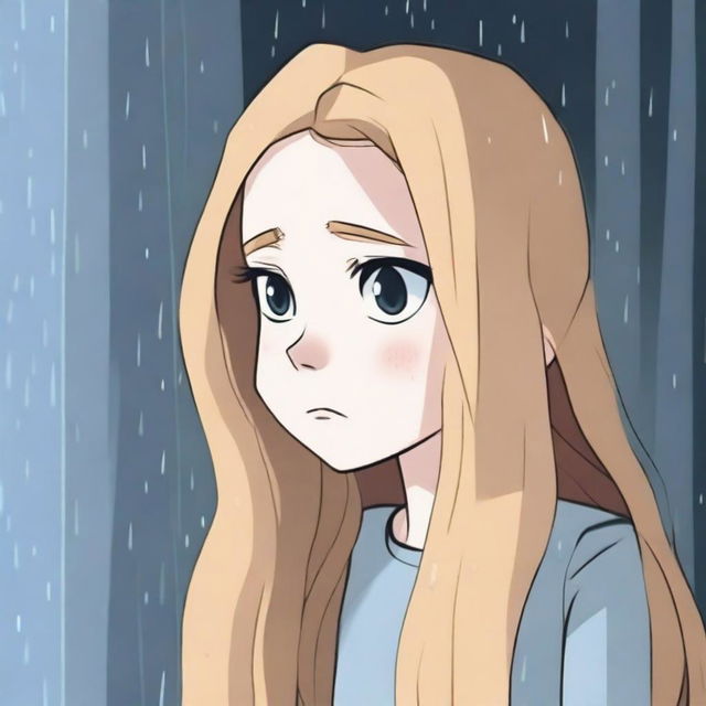 A cartoon pretty girl with long blond hair, looking out a window and crying