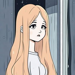 A cartoon pretty girl with long blond hair, looking out a window and crying