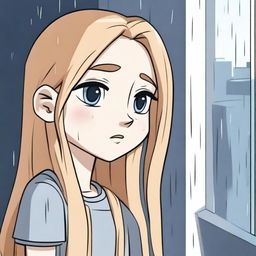 A cartoon pretty girl with long blond hair, looking out a window and crying