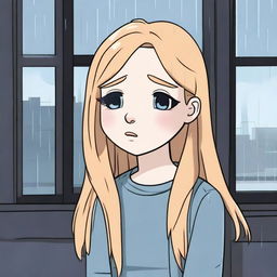 A cartoon pretty girl with long blond hair, looking out a window and crying