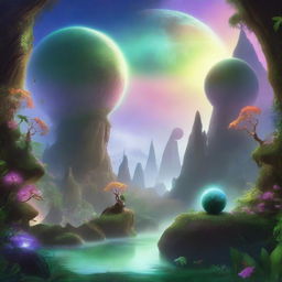 A fantasy universe featuring a small, lush world with vibrant greenery and twin suns in the sky