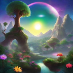 A fantasy universe featuring a small, lush world with vibrant greenery and twin suns in the sky