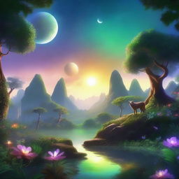 A fantasy universe featuring a small, lush world with vibrant greenery and twin suns in the sky