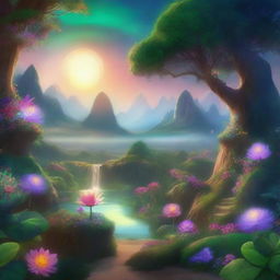 A fantasy universe featuring a small, lush world with vibrant greenery and twin suns in the sky