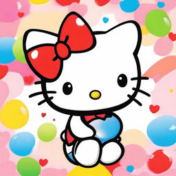 Create a cute and adorable image of Hello Kitty, the iconic character with a red bow on her ear, set in a colorful and cheerful background