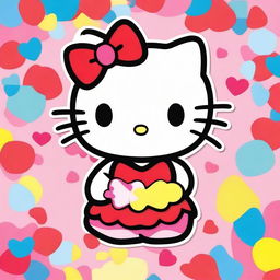 Create a cute and adorable image of Hello Kitty, the iconic character with a red bow on her ear, set in a colorful and cheerful background