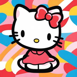 Create a cute and adorable image of Hello Kitty, the iconic character with a red bow on her ear, set in a colorful and cheerful background