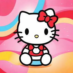 Create a cute and adorable image of Hello Kitty, the iconic character with a red bow on her ear, set in a colorful and cheerful background