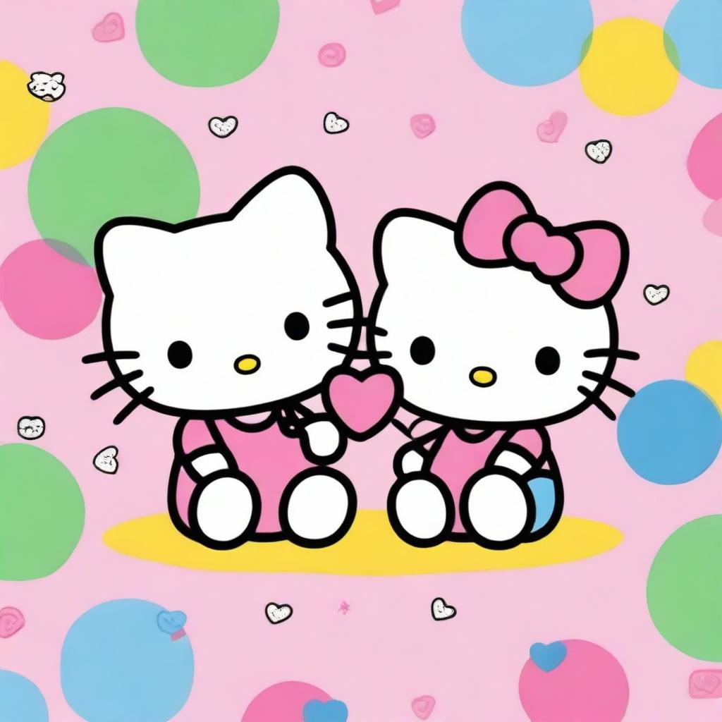 Create an adorable image featuring two Hello Kitty characters sitting down and holding hands