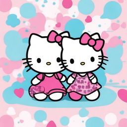 Create an adorable image featuring two Hello Kitty characters sitting down and holding hands