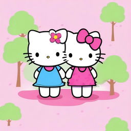 Create an adorable image featuring two Hello Kitty characters sitting down and holding hands