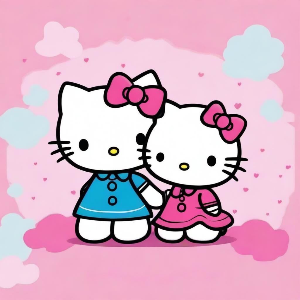 Create an adorable image featuring two Hello Kitty characters sitting down and holding hands