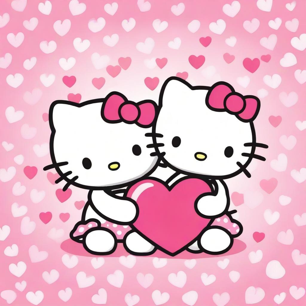 Create an adorable image featuring two Hello Kitty characters sitting down and holding hands, each with a heart on their chest where names can be written